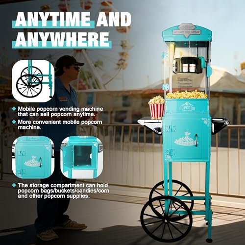 Image of Montary 10 Oz Commercial Popcorn Machine with Cart,Vintage Style Popcorn maker Equipped with Popcorn Scoops, Heated Deck & Storage for Home Movie House and Carnival,Green