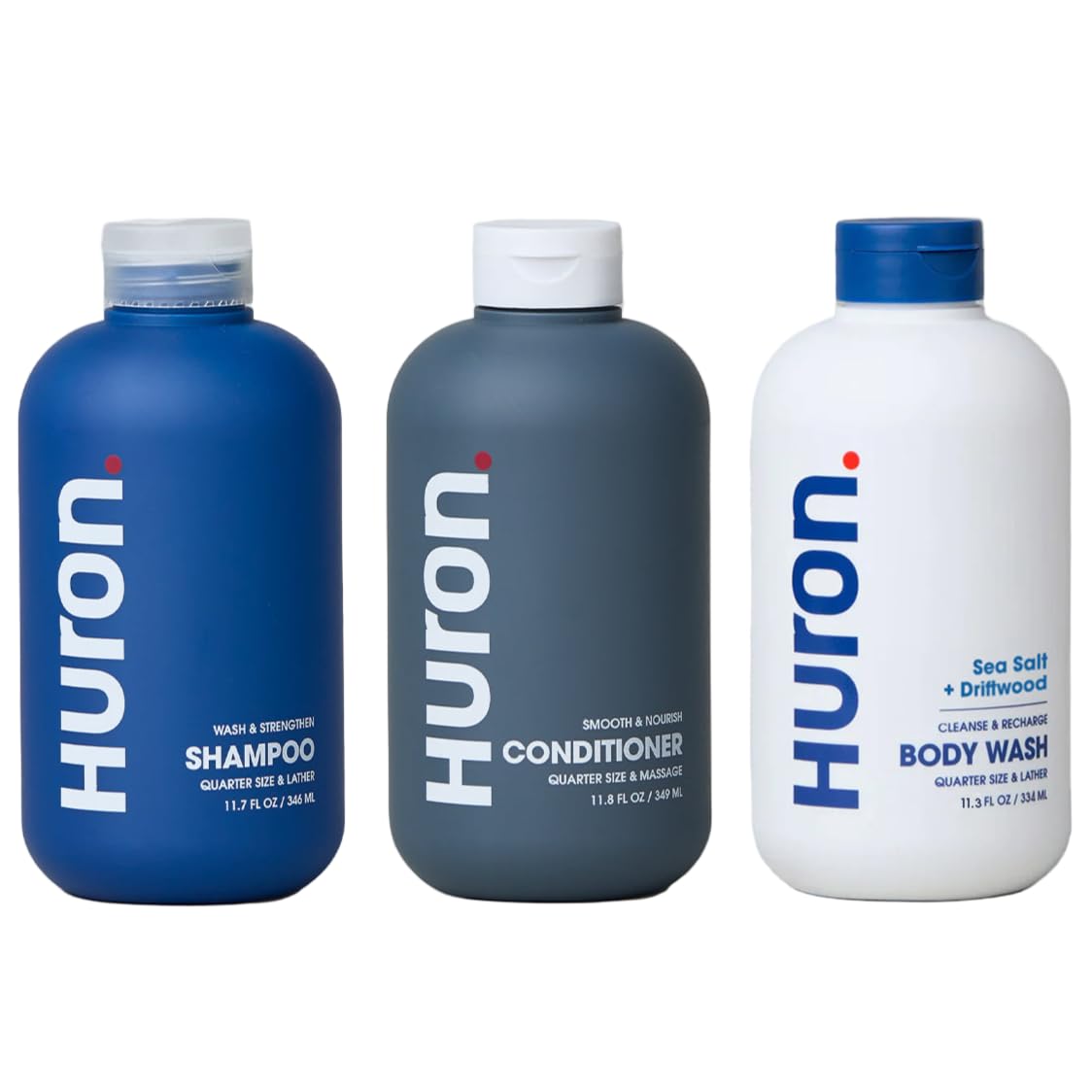 Huron Shower Kit for Men and Women – Shampoo, Conditioner & Body Wash with Sea Salt + Driftwood Scent, Hydrating, Phthalate-Free, non-toxic