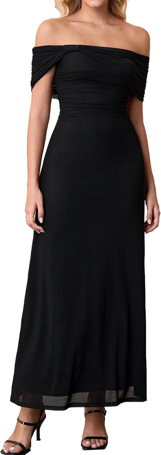 KUTUMAI Women Floral Off Shoulder Maxi Dress Summer Ruched Bodycon Long Formal Wedding Guest Dresses 2025