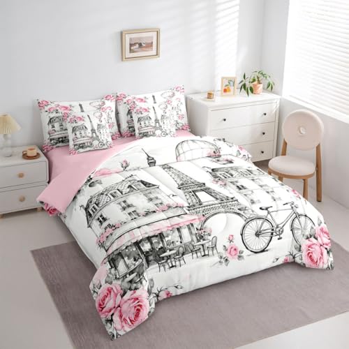 Image of Eiffel Tower King Size 7 Pcs Bedding Sets with Sheets,Comforter,Pillowcases,Pillow Covers French Building Decor Romantic Style Comforter Set Pink Rose Hot Air Balloon Bedroom Dorm Bed Set