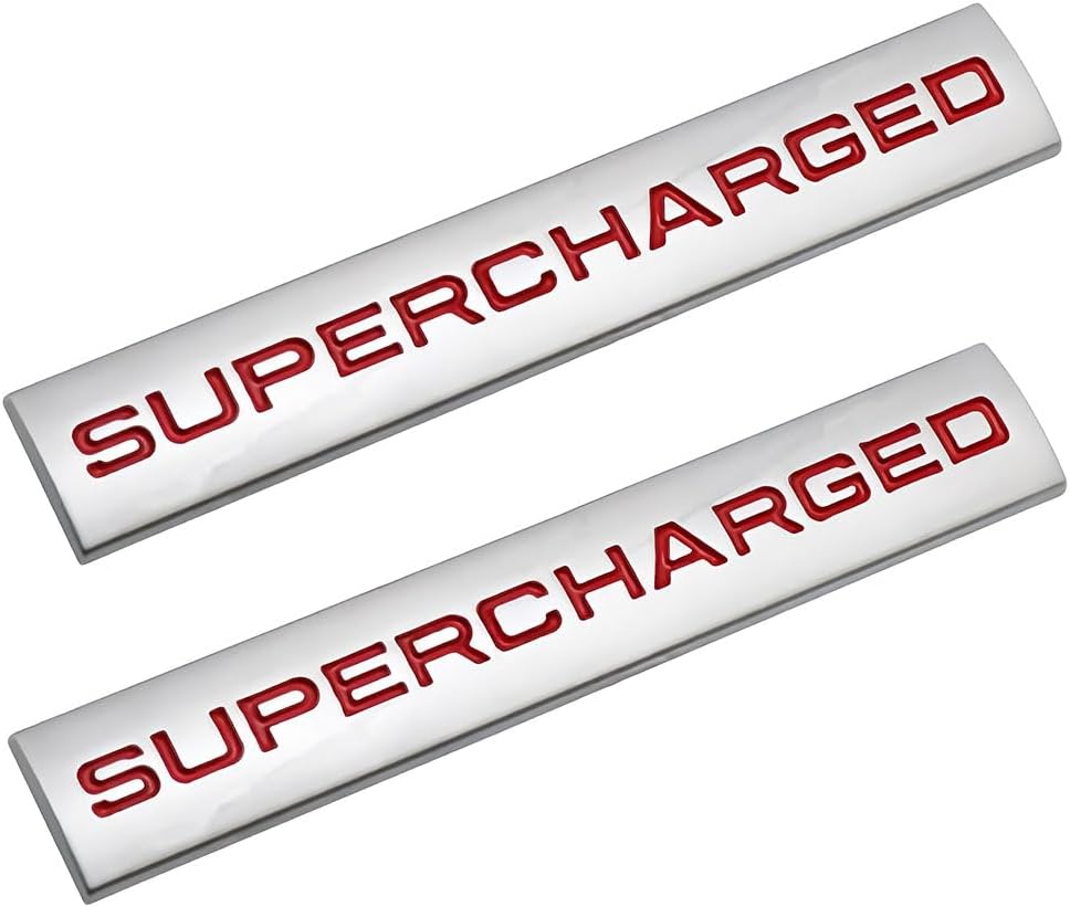 2pcs Supercharged Metal Car Emblem Premium Auto Badge Rear Trunk Side Decal Sticker (Silver Red)