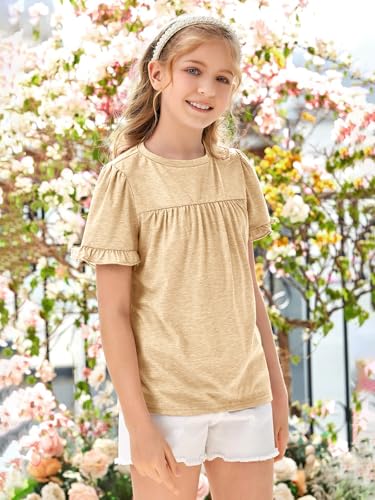Image of Ebifin Girls Short Sleeve Tops Kids Peplum Babydoll T Shirts Tees 4-15Y | Girls T-Shirts, Crew neck Short Sleeve Shirts, Casual Tunic Tops, Cute Blouses, Summer Tees, Ruffle Hem, Loose fit