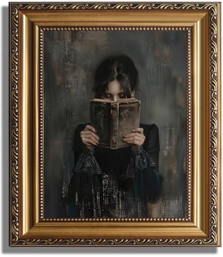 ASTRDECOR Gold Framed Canvas Wall Art Print, Victorian Woman Painting Picture, Vintage Portrait Oil Painting Wall Decor, Moody Reading Nook Painting for Bedroom Bathroom Wall Art, Dark Academia Decor 9''x12''