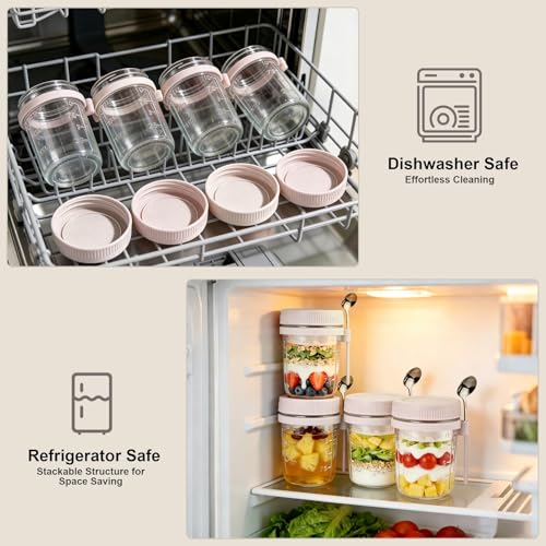 Image of 4 Pack Overnight Oats Containers with Lids and Spoons - 16 oz Glass Mason Jars with Dressing Cup, Over Night Oat Jars for Meal Prep, Yogurt Parfait Cup for Chiaseed Sugar Packet Holders (Beige)
