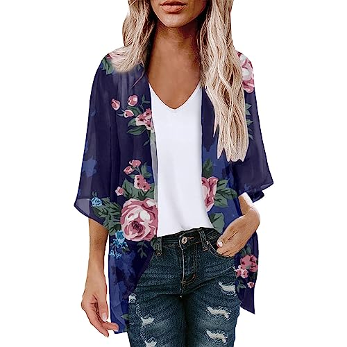 oelaio Women's 3/4 Sleeve Cardigan 2023,Womens Summer Tops Ruffles Long Sleeve Casual Blouses Trendy Bohemia Graphic Dark Blue