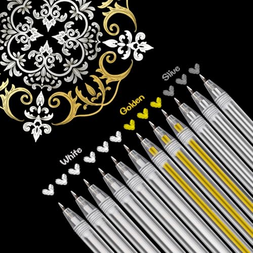 DYMHQ 12 Piezas Bolígrafo de Dibujo Linea, 0.8mm Bolígrafos de Gel Dorados Plateados y Blancos, 3 Colors Bolígrafos de Gel Blancos para Papel Negro