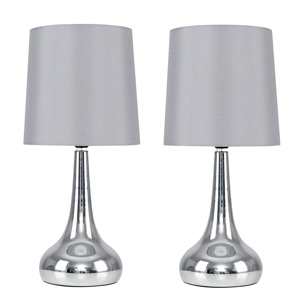 Valuelights Unisex Grey Teardrop Pair Fabric Shades Brushed Chrome Touch Table Lamps And Bulbs In