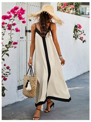 Image of GORGLITTER Women's Sleeveless V Neck Oversized Maxi Long Dress Boho Bump Friendly Color Block Casual Beach Sun Dresses