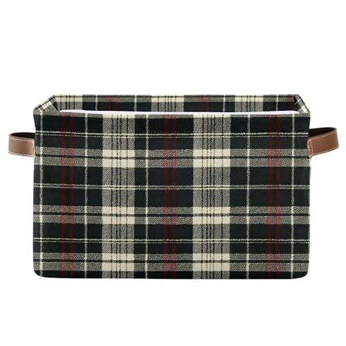 MNSRUU Storage Basket Black Red White Plaid Collapsible Organizer Basket for Shelves with PU Handles, Decorative Waterproof Nursery Laundry Storage Cubes Bins, 1 Pack