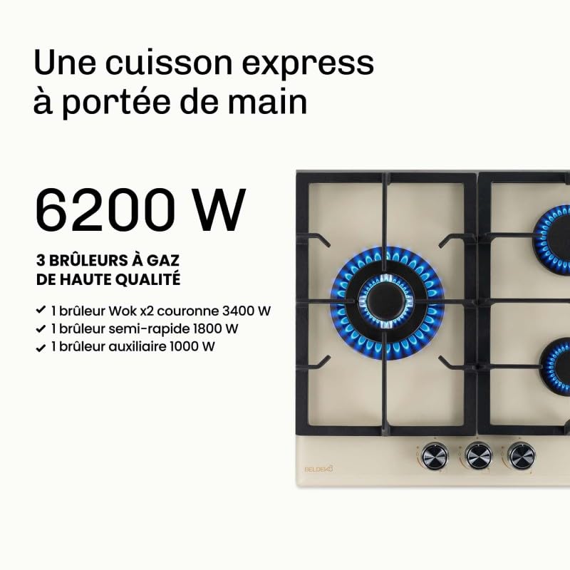 BELDEKO Plaque Gaz 3 Feux 6200W Beige - Marque Française