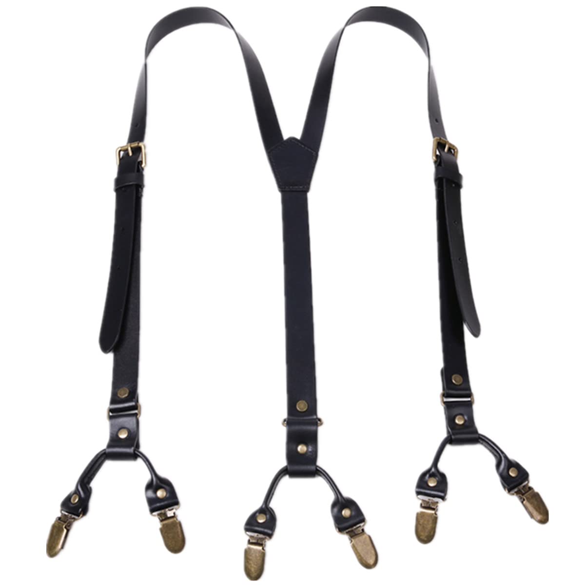 Tirantes para Hombre, Tirantes de Cuero Resistentes en Forma Y Menu2019 (6 Clips metálicos, Correas Ajustables)(Black)