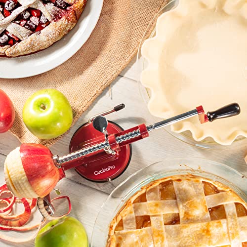 Image of Apple Peeler and Corer by Cucina Pro - Long Lasting Chrome Cast Iron with Countertop Suction Cup | Countertop Hand Crank for Fruits, Potatoes or Veggies, Picking Season- Pie, Treat Dessert Baking, Must Have Fall Kitchen Tool