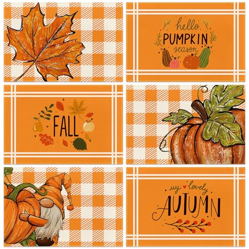 Hello Fall Maple Leaves Pumpkin Gnomes Buffalo Plaid Placemats Set