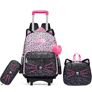 HTgroce Katzen Kinderrucksäcke Schulranzen Trolley Set mit Trolley Rucksack für Mädchen in die Schule, Reise