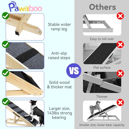 Pawaboo Hunderampe, Tragbare Haustiertreppe aus Holz, 4 Verstellbare Höhen 11.6' - 22.4', Haustierrampe für Kleine Mittelgroße Hunde mit Anti-rutsch bis 143lbs, Hundeeinstiegshilfe Auto Bett Sofa