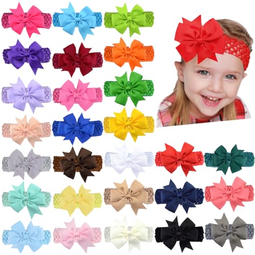 Snadulor 20 Pcs Baby Girl Bow Headbands,Turban Bows Headbands,Elastic Baby Bow Beadbands for Infants Kids Toddlers,Random Color