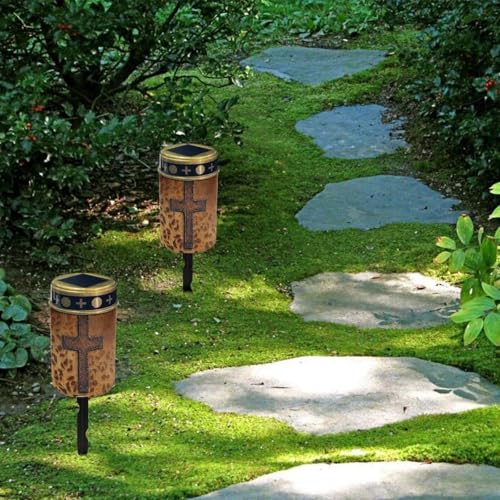 Image of Cross Leopard Print Prayer LED Solar Lights for Patriotic Landscape Waterproof Solar Light Solar Power Light Flameless Candle for Cemetery Grave Memorial Decor 2 Pcs