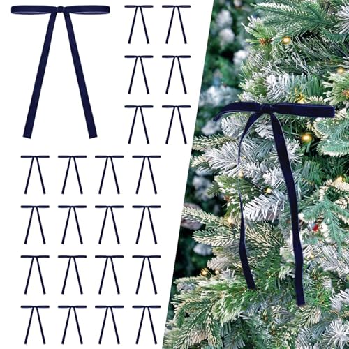 Image of 24 Pcs Dark Blue Velvet Bows Ornaments for Christmas Tree, Vintage Elegant Velvet Christmas Bows Tree Decorations, Indoor Home Decor for Wreath Mantle Gift Wrap Holiday Decor, 3 /8'' W, 5 * 7 inch