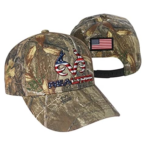 Realtree Patriotic Logo Flag Cap Hat, Classic Precurved, Sweatband, Snapback, 6 Panel, Embroidered Antler Logo and Trademark, USA Flag Patch Mens Womens Unisex Cap Hat Camouflage Cover