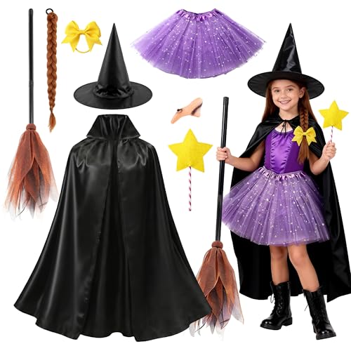 Creerluces Witch Costume for Girls World Book Day Costume Cape Nose Prop Hat Magic Wand Brown Braid Purple Tutu Skirt for Girls Witch Costume Set Halloween World Book Day School Parade