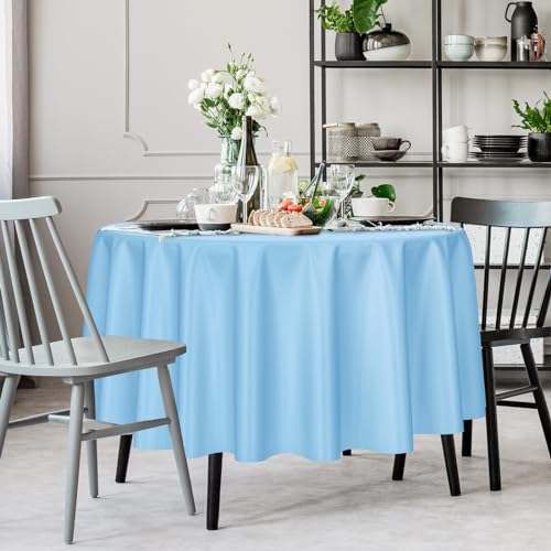 Image of Kopokita 2 Pack Light Blue Round Disposable Plastic Tablecloths 84 inch | Party Table Covers for Birthday, Wedding, Bridal, Baby Shower