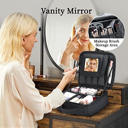 Travel Makeup Bag With Mirror, Cosmetics Organizer Bag, Travel Makeup Train Case & Adjustable Dividers, Professional Cosmetic Accessories Case, Portable Travel Case Waterproof And Durable (Black) #TOP4