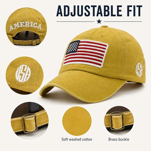 Image of American Flag Baseball Cap for Men Women, Washed Cotton USA Hat, Adjustable Patriotic Cap for 4th of July
