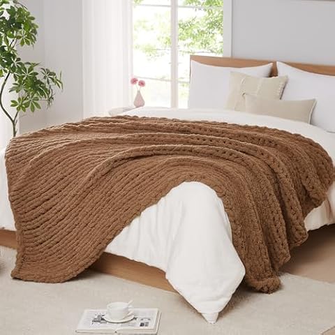 L'AGRATY Chenille Chunky Knit Blanket, 30x40, Brown, Heavyweight Throw Blanket for Couch Sofa Bed Home Decor Cover