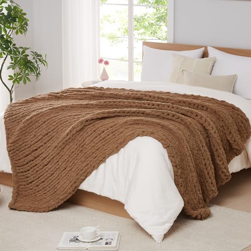 L'AGRATY Chunky Knit Blanket Throw: 50''x60'' Chenille Chunky Knitted Throw Blanket for Bed Couch - Handmade Thick Big Cable Knit Blanket - Large Chunky Crochet Rope Blanket for Home Decor(Brown)