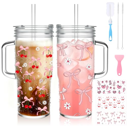 Image of Birity 24oz Glass Tumbler with Handle, 2 Pack Pink Bow Cups with Lids, Straws & Decor Stickers, Reusable Iced Coffee Cup for Boba Tea, Smoothies, Juice, Christmas Holiday Gift for Women