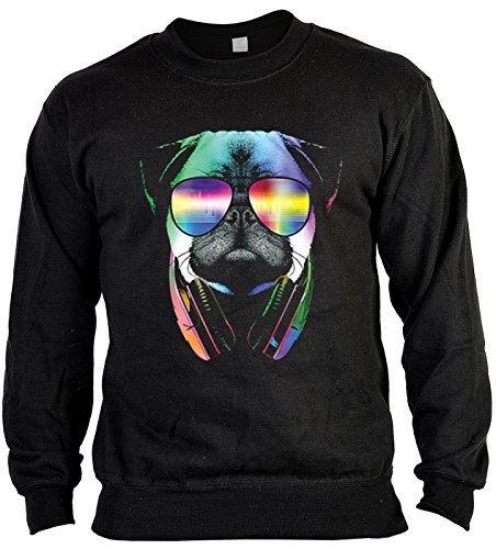 ® Langarm Sweatshirt, Sweater, Pulli, Pullover mit bunten Hundemotiv - DJ Pug, Mops mit Kopfhörer