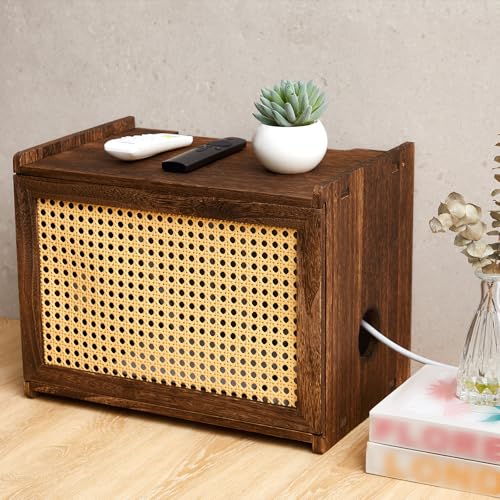BrightRow Wi-Fi Router Box Hider Wi-Fi Router Storage Box with Synthetic Rattan Decor Modem Cable Cover Organized Power Strip Cable Hider Rack (Dark Wood Color 16 x 10.4 x 12 Inches Wood)