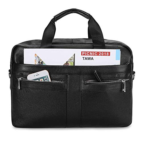 BAIGIO Men's 14/15.6 Inches Laptop Briefcase Genuine Leather Business Satchel Handbag Shoulder Tote Bag for Men and Women (Black)