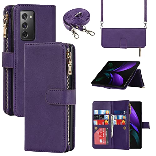 Jaorty Samsung Galaxy Z Fold 2 5G Wallet Case with S Pen Holder,[9 Card Slots] Removable Adjustable Crossbody Necklace Lanyard Shoulder Strap Zipper PU Leather Case for Samsung Z Fold 2, Purple