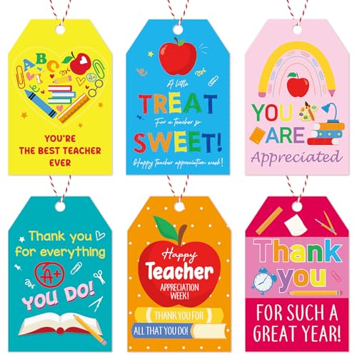 60Pcs Thank You Teacher Tags with String Teachers Appreciation Week Gift Tags Hanging Labels for Wrapping Boxes Bags Packages Decor (Dark)
