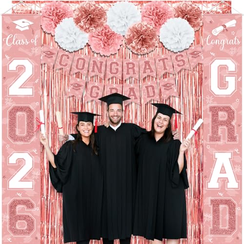 Image of Graduation Party Decorations Class of 2026, Graduation Decorations with Congrats Grad Banner Fringe Foil Curtain Paper Flower Ball Balloons for High School College Graduation Party Supplies, Pink