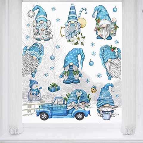 Mfault Winter Gnome Snowman Truck Window Clings 9 Sheets, Snowflakes Decal Bedroom Decorations, Gift Bell Ornaments Holiday Home Kitchen Living Room Decor Cover