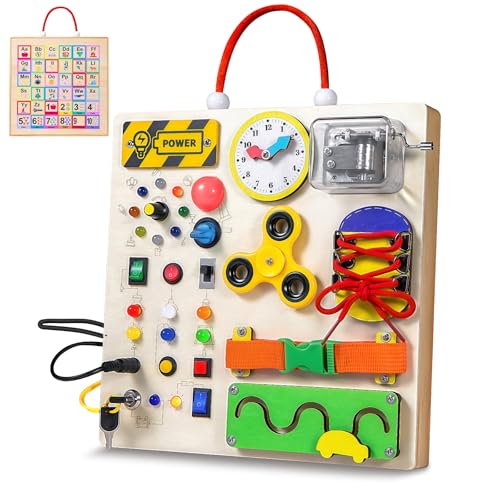 Image of Busy Board Montessori Toys for 1 2 3 Years Old Toddler,Wooden Sensory Educational Fidget Board Toy with Led Light Up Switches & Music Boxes,Travel Toys for 1+ Year Old Boy & Girl Birthday Gift