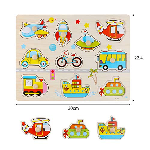 Joqutoys 4 PCS Wooden Peg Puzzles Play Set for Toddlers, Alphabet ABC, Numbers, Farm Animals and Vehicles Learning Puzzles Board for Children Babies Boys Girls Gift