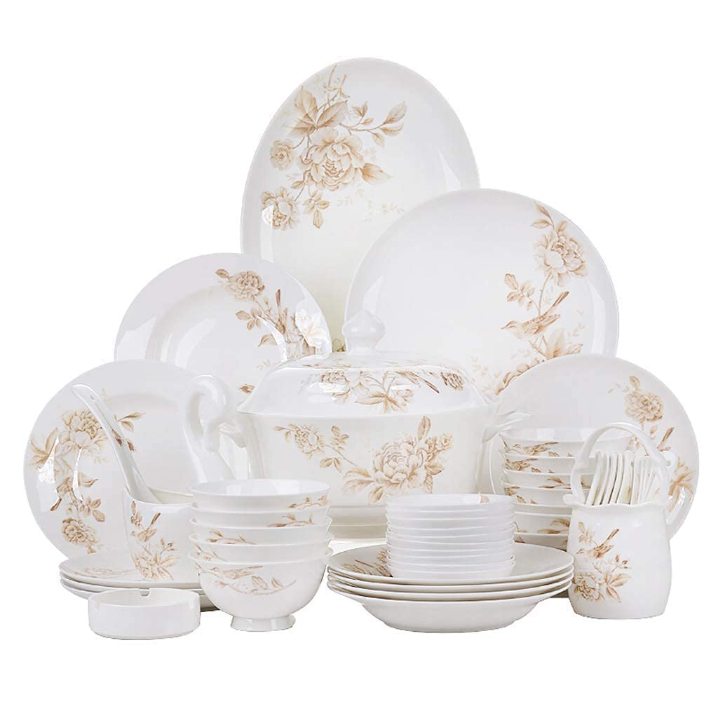 Juego de vajilla de cerámica con 50 Piezas (Plato, Olla y Cuchara) | Vajilla de Porcelana China, Juego Completo de Porcelana Garden Spring