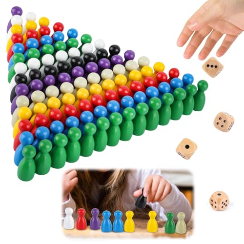 GHVACZS 80 Stück Spielfiguren für Brettspiele und 4 Stück Würfel aus Holz, 25 x 12mm Spielfiguren Holz, Halmakegel, Bunte Spielfigure für Flugschach, Dame, Brettspiele