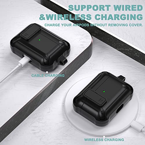 Winproo Armor Airpods Pro Case Cover With Lock Clip, Military Hard Shell Full-Body Shockproof Protective Case Skin With Keychain For Airpods Pro (Black) #TOP4