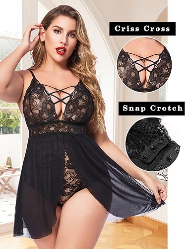 Image of Avidlove Plus Size Babydoll Womens Snap Crotch Lingerie V Neck Lace Nighty Sleepwear L-5XL