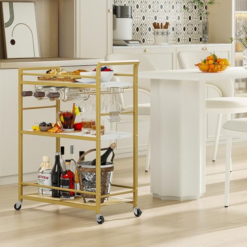 Image of 3 Tier Bar Cart, Small Beverage Cart, Mini Bar Cart with Wine Rack, Compact Mini Bar Cart - Please Refer to the Exact Dimensions for Usage Matching Dimensions: 22 inch W x 13 inch D x 35.8 inch H GBC507G