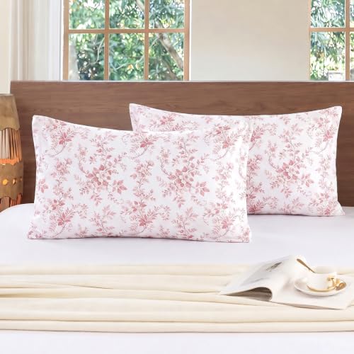 Image of Cozaline Pink Floral Pillowcases Standard Size Set of 2, Dusty Pink Toile Floral Pillow Covers, Soft Breathable 100% Cotton Pillow Cases with Envelope Closure, French Country