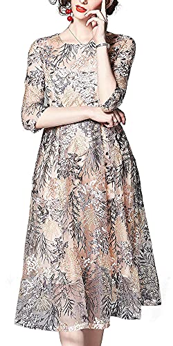 Womens Floral Embroidered Sheer Mesh Casual Evening A-line Midi Dress Apricot