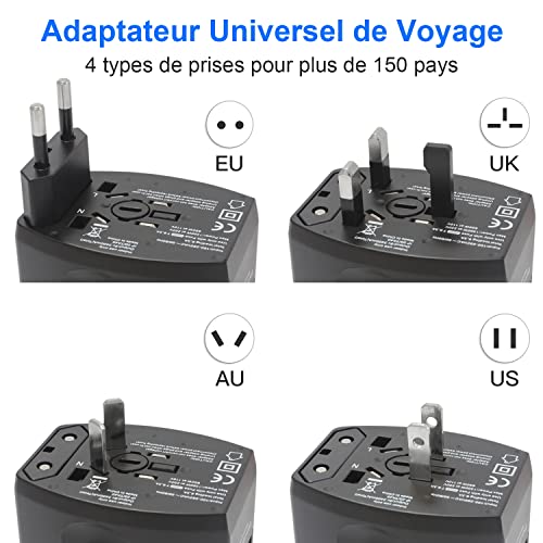adaptateur de voyage, adaptateur prise universel 1300w avec 1 type c et 3 usb 2.4a, adaptateur universel de voyage france vers usa chine japon uk, chargeur de voyage vers france