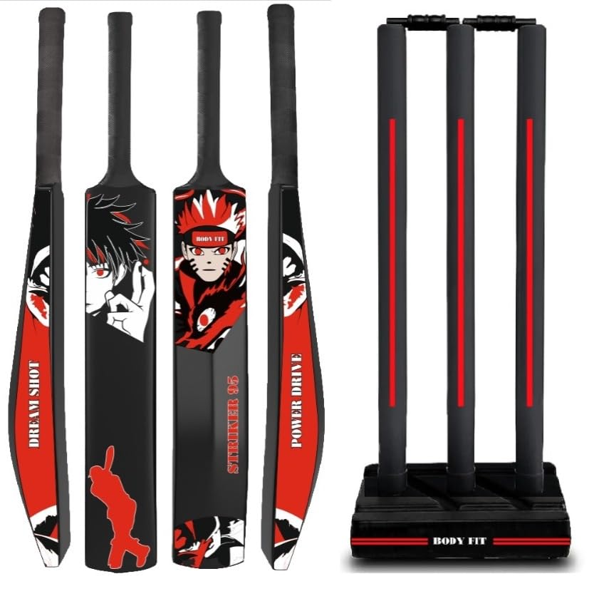 Bodyfit Heavy Duty Plastic Premium Cricket Bat for Men, Women & Children | Lightweight| Full Size| | Hard Plastic Bat| Premium Cricket Wicket Set l 3 Stumps+2 Bails+1 Stand Set.(Red)