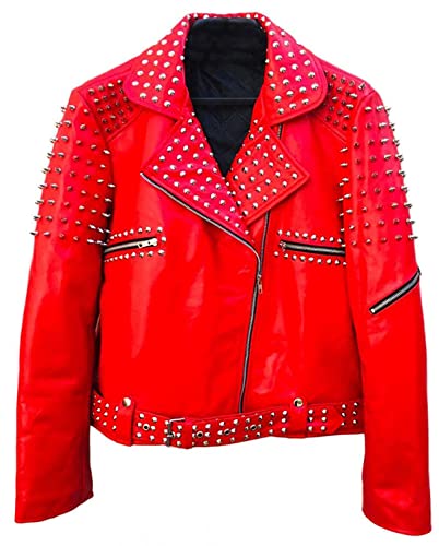 Veste de moto en cuir rouge à pointes cloutées Cover