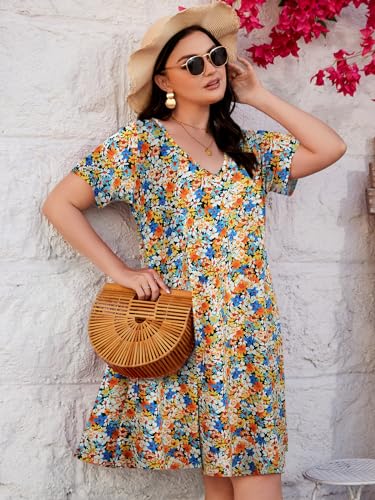 Image of ZENNILO Women's Plus Size Swing Dress with Pockets Casual Summer Dresses V Neck Short Sleeve T Shirt Dress for Women